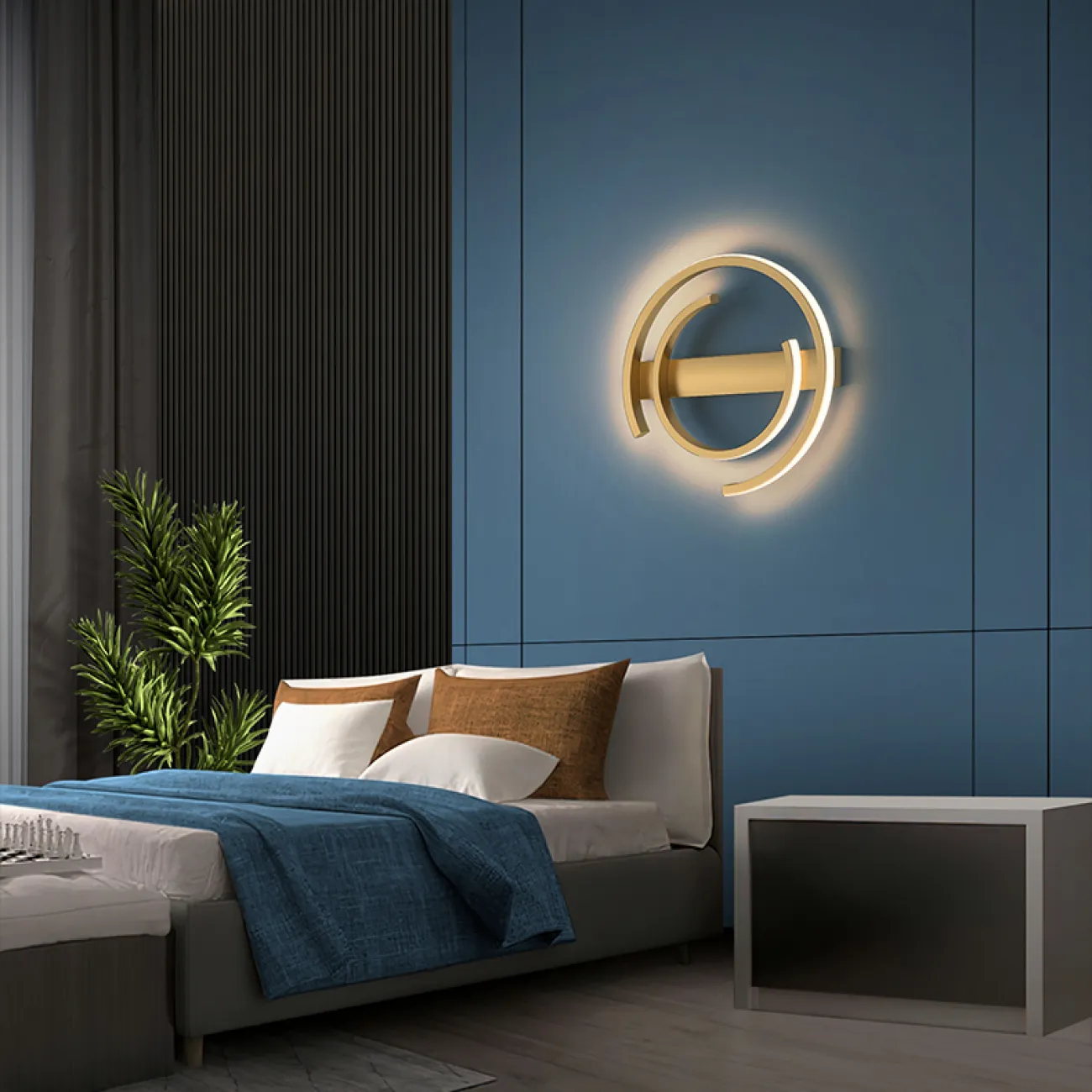 Серия настенных светодиодных светильников в виде комбинации полуколец разного диаметра на прямоугольном креплении LOFT Brass