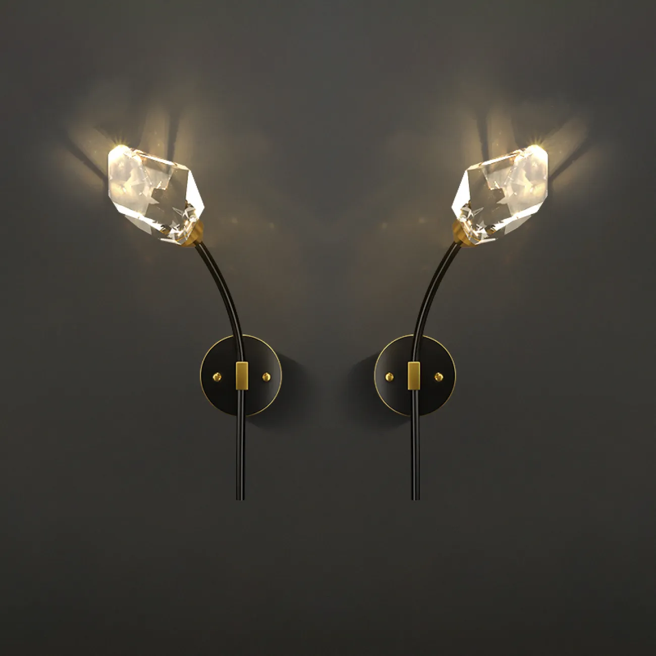 Серия настенных светодиодных светильников с хрустальными рассеивателями в форме кристаллов на изогнутых рожках CRISTEL C WALL L23 Right Black Серия настенных светодиодных светильников с хрустальными рассеивателями в форме кристаллов на изогнутых рожках CRISTEL C WALL L23 Right Black