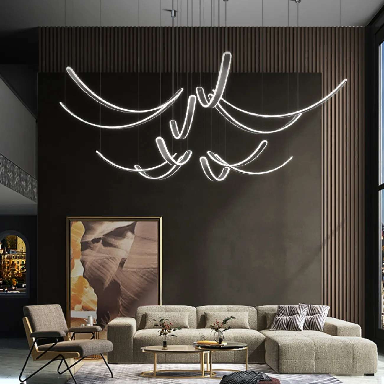 Готовая комбинация подвесных светодиодных светильников c вытянутыми изогнутыми плафонами со скругленными краями TEOLINE L60+80 L8