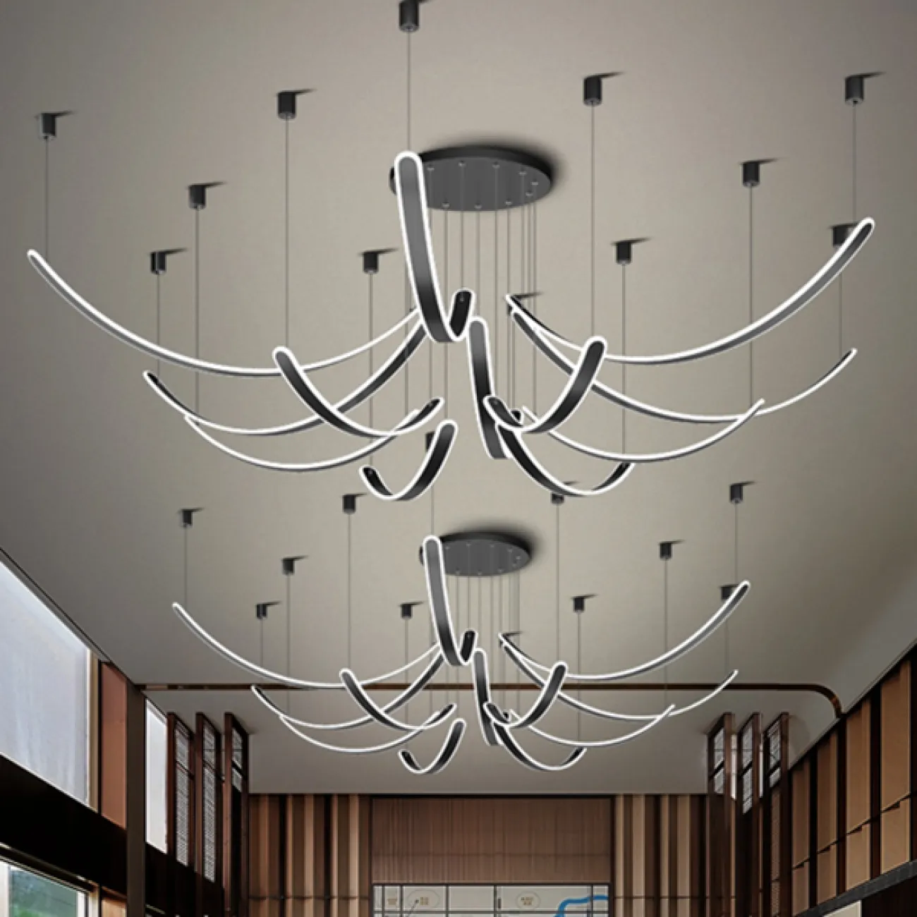 Готовая комбинация подвесных светодиодных светильников c вытянутыми изогнутыми плафонами со скругленными краями TEOLINE L60+80 L8