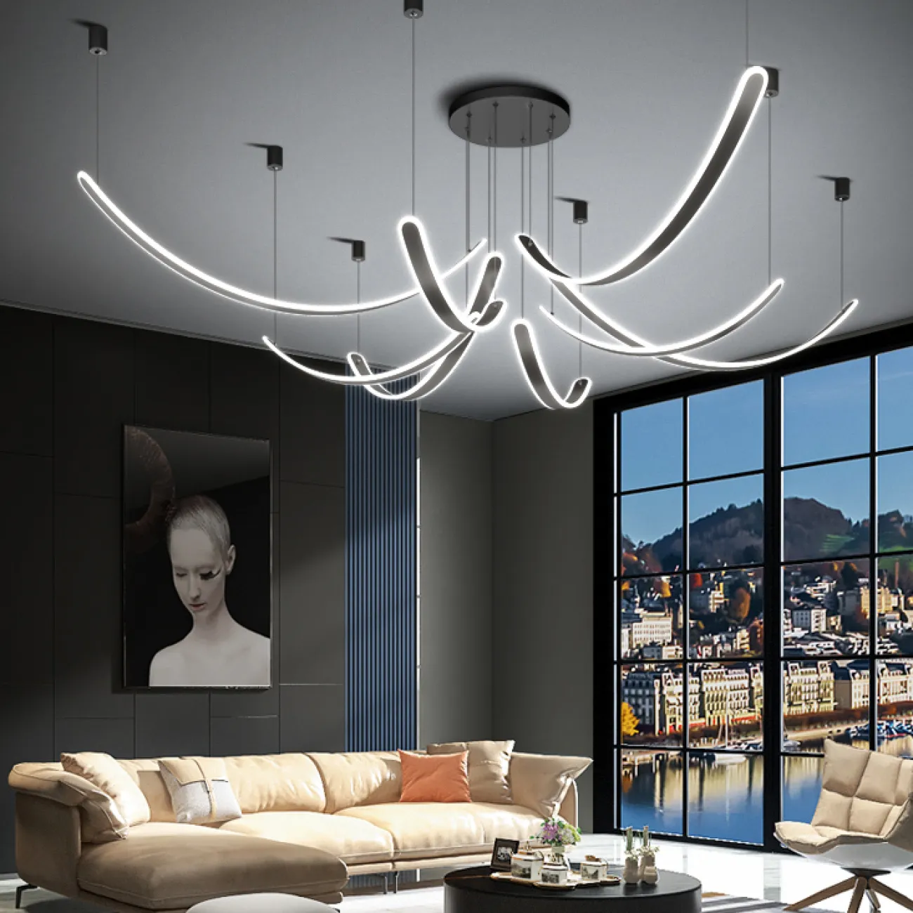 Готовая комбинация подвесных светодиодных светильников c вытянутыми изогнутыми плафонами со скругленными краями TEOLINE L60+80 L8