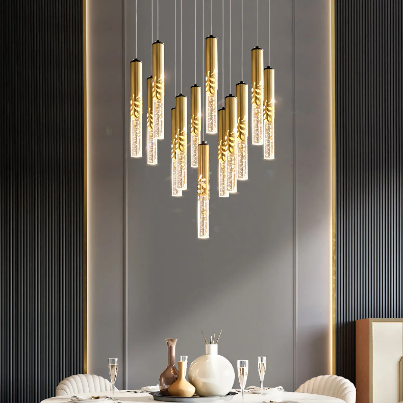 Готовая комбинация подвесных светодиодных светильников с хрустальными рассеивателями в цилиндрическом корпусе с орнаментом JUSTIN MORE