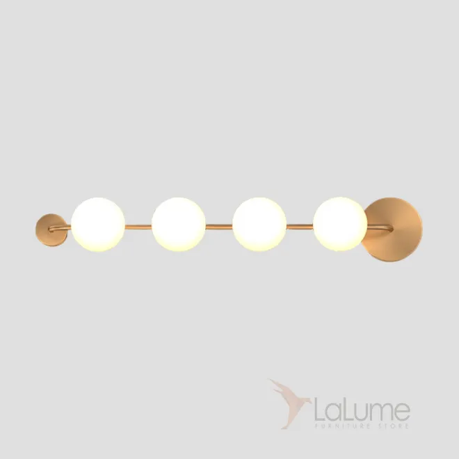 Серия настенных светильников с белыми шарообразными плафонами из стекла на горизонтальной рейке с круглыми креплениями SVALE L65