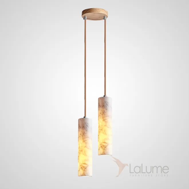 Готовая комбинация подвесных светильников с цилиндрическим корпусом из белого мрамора и деревянным креплением REOR COMBO A L2 Диск