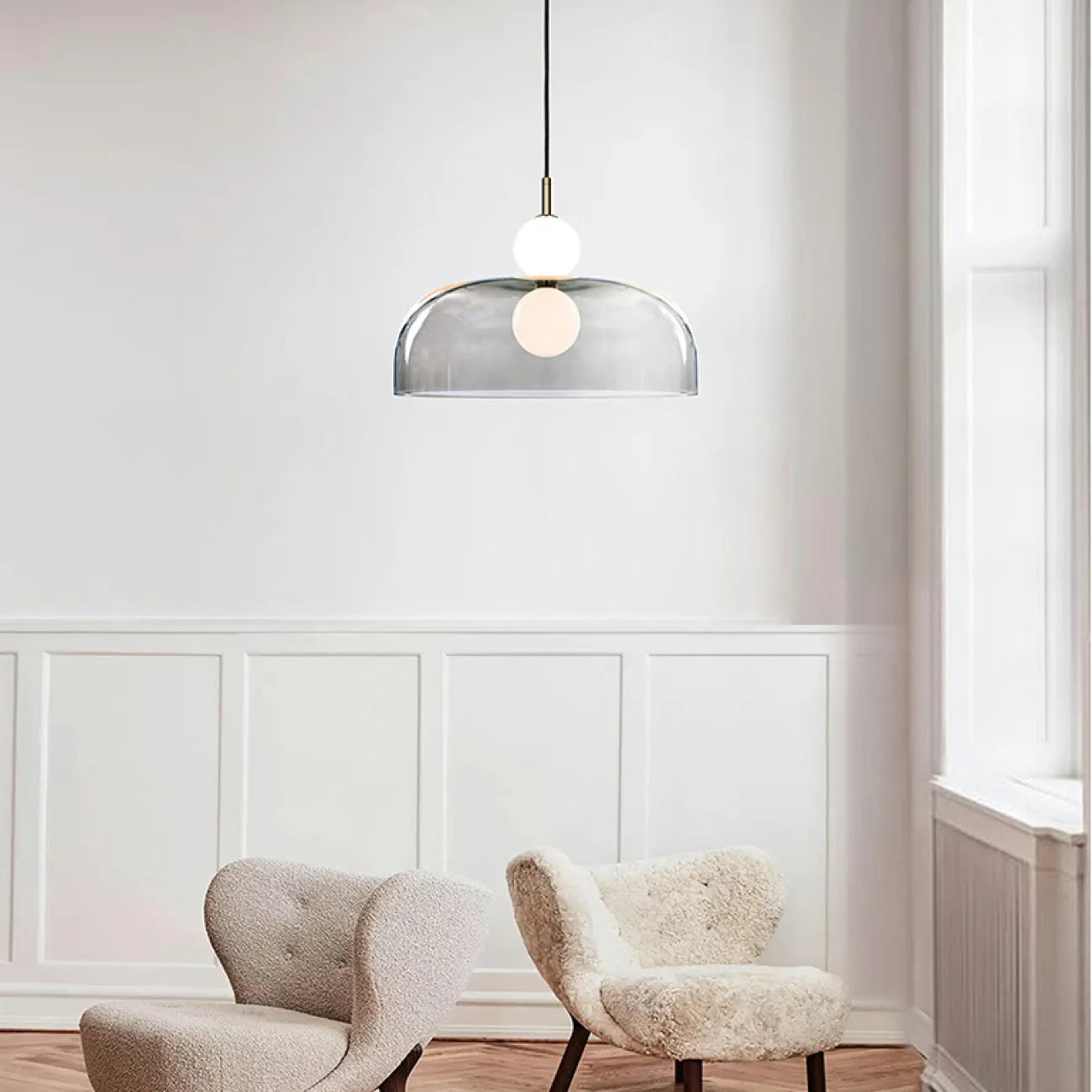 Готовая комбинация подвесных светодиодных светильников c шарообразными плафонами и купольными рассеивателями ROCCO COMBO A 6 подвесов