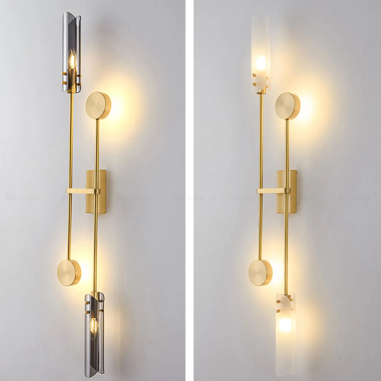 Серия настенных светильников со стеклянными плафонами и круглыми спотами на двух вертикальных штангах ANDREAS Black Cognac