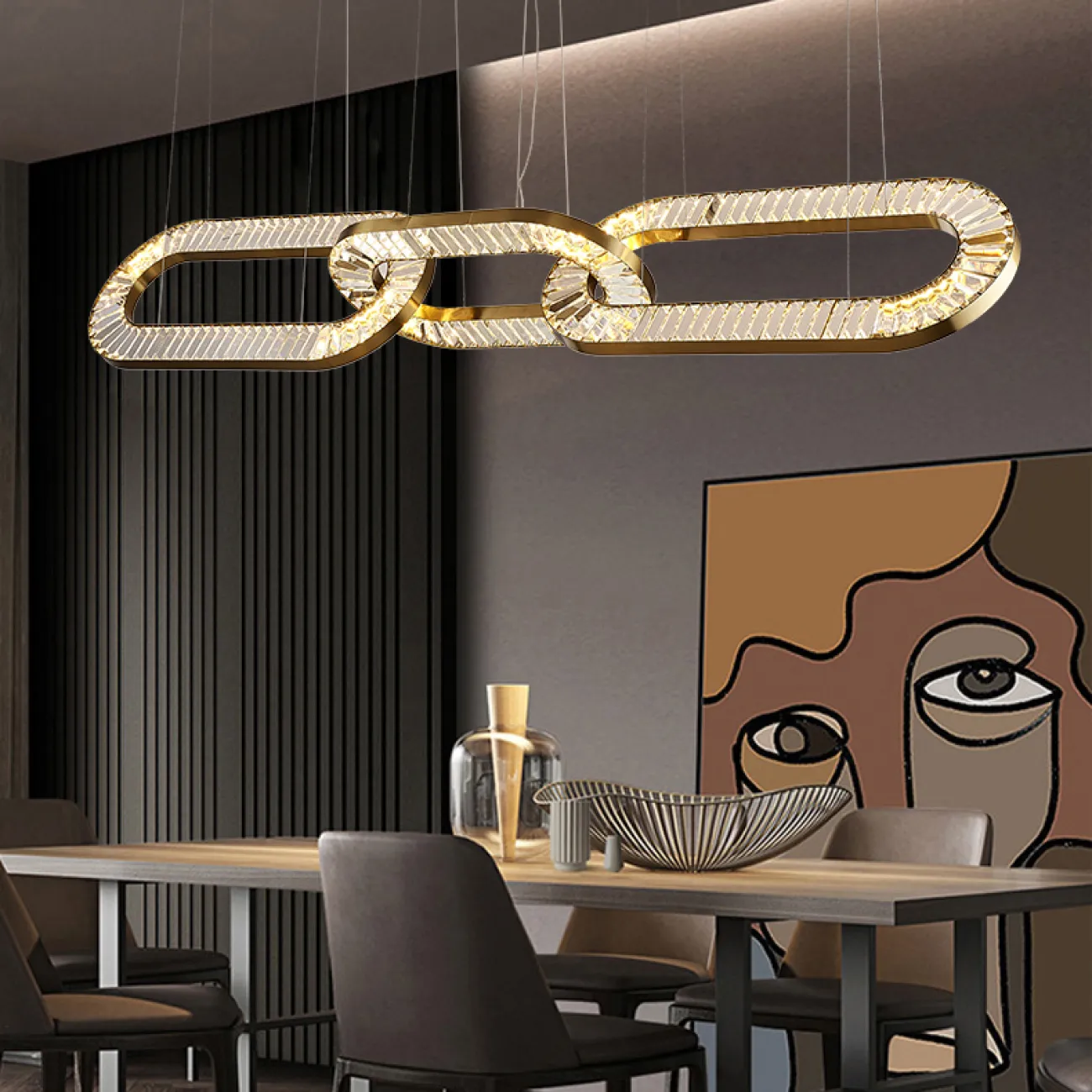 Готовая комбинация подвесных светодиодных светильников c закольцованными плафонами из прямоугольных хрустальных пластин CELEBRATE L185