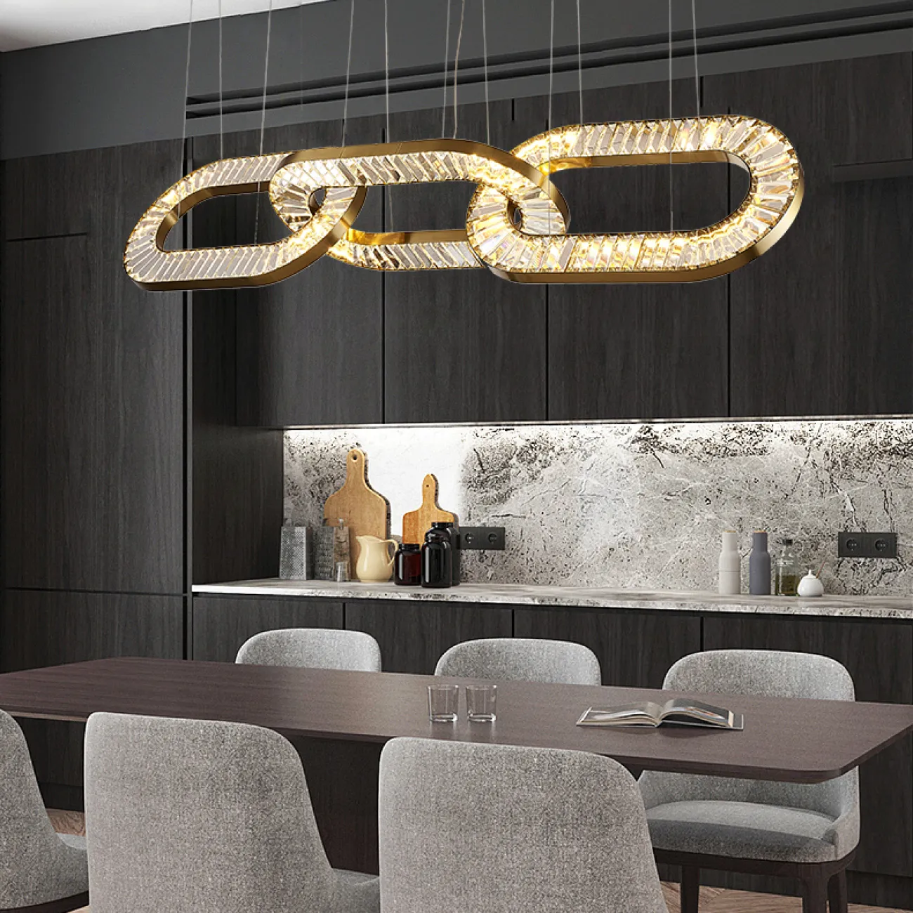 Готовая комбинация подвесных светодиодных светильников c закольцованными плафонами из прямоугольных хрустальных пластин CELEBRATE L185