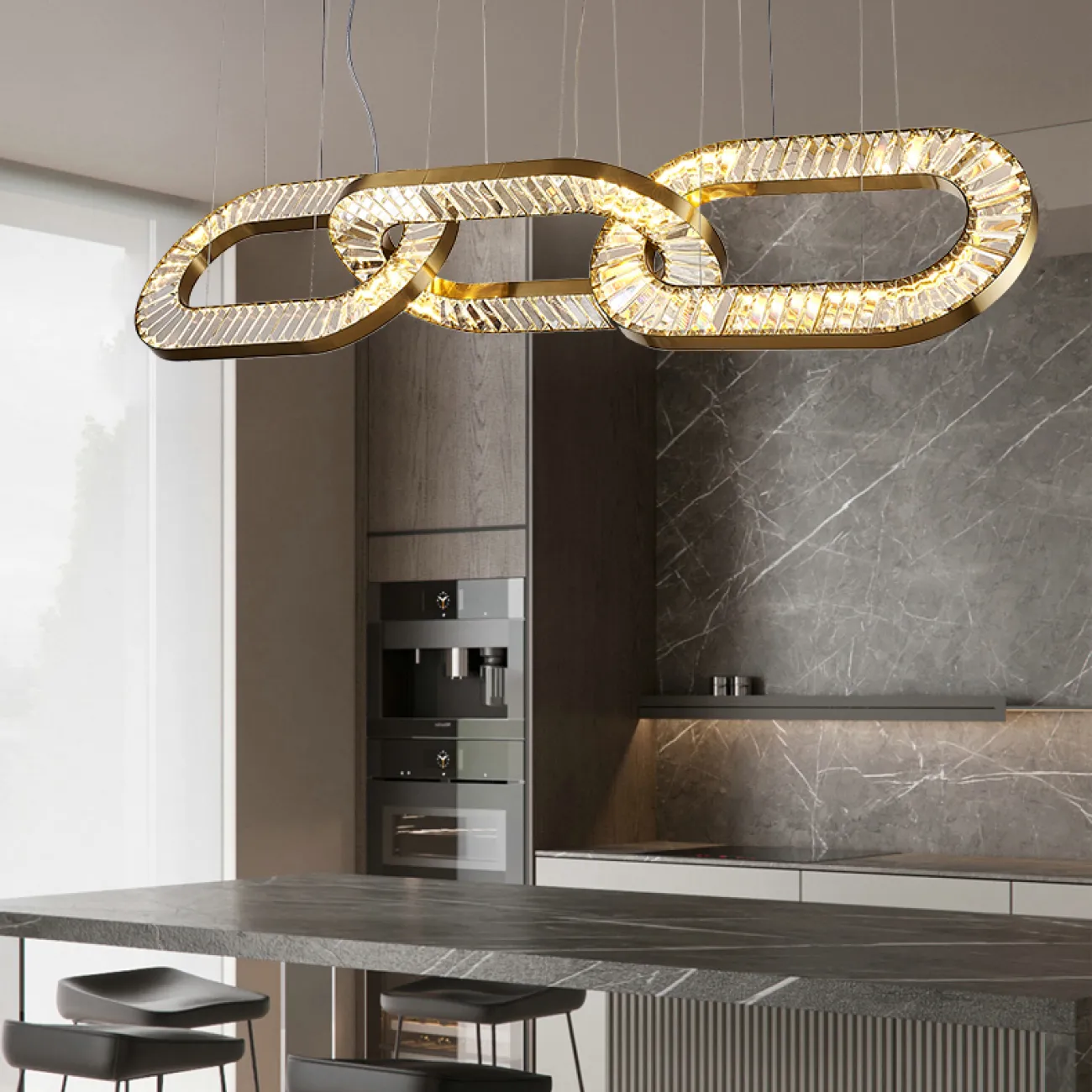 Готовая комбинация подвесных светодиодных светильников c закольцованными плафонами из прямоугольных хрустальных пластин CELEBRATE L185