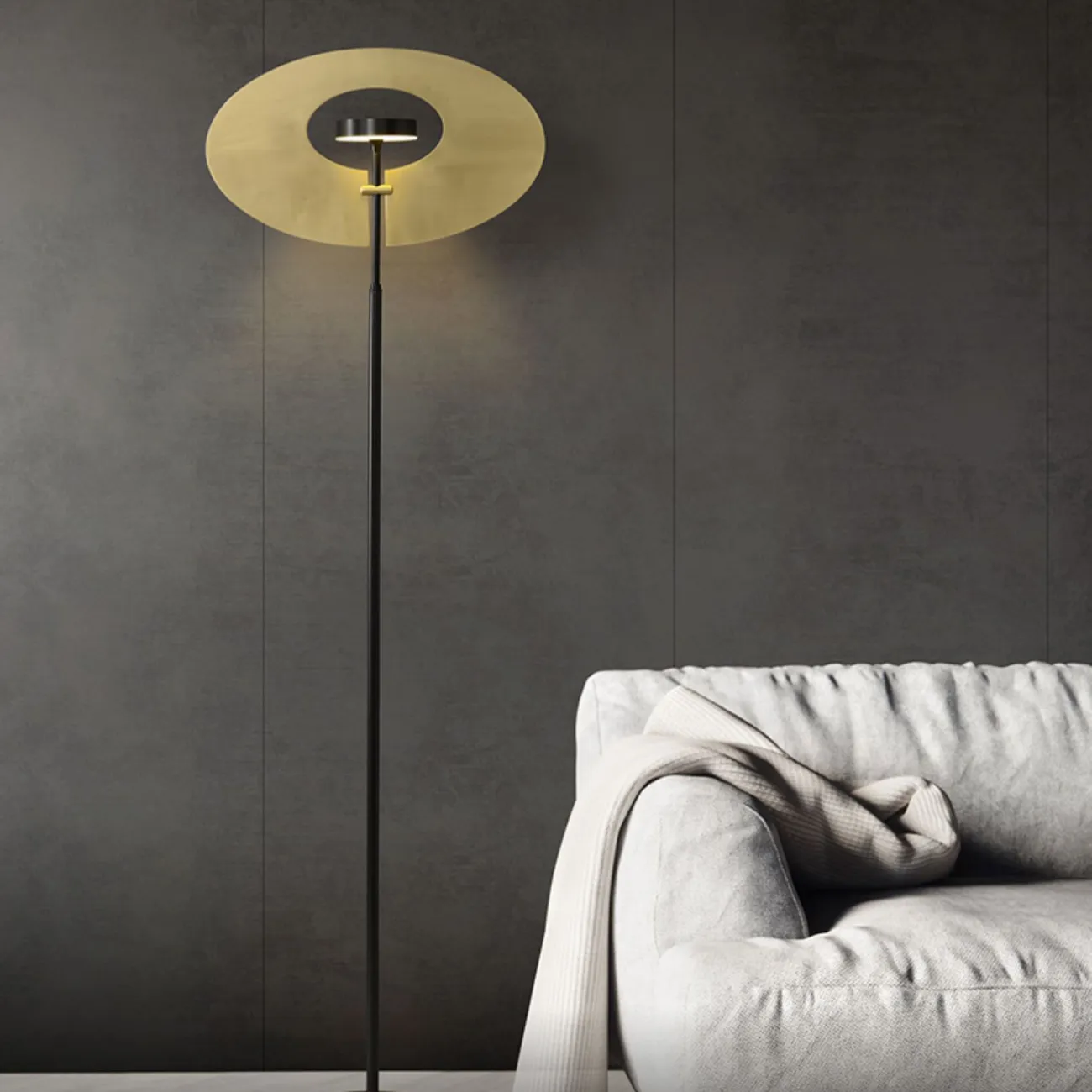 Светодиодный торшер в виде комбинации круглого плафона на вертикальной стойке и дисковидного рассеивателя INGARA FL