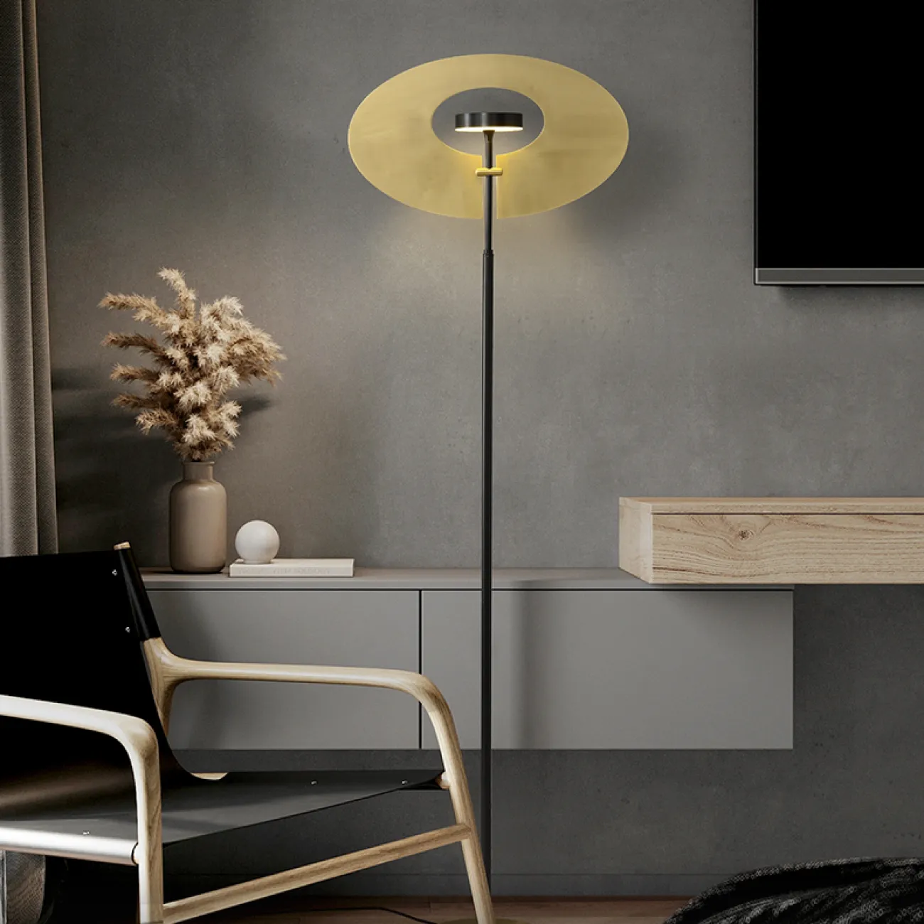 Светодиодный торшер в виде комбинации круглого плафона на вертикальной стойке и дисковидного рассеивателя INGARA FL