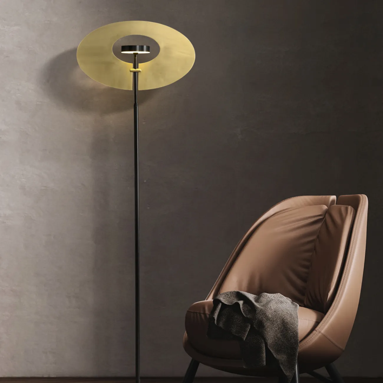 Светодиодный торшер в виде комбинации круглого плафона на вертикальной стойке и дисковидного рассеивателя INGARA FL