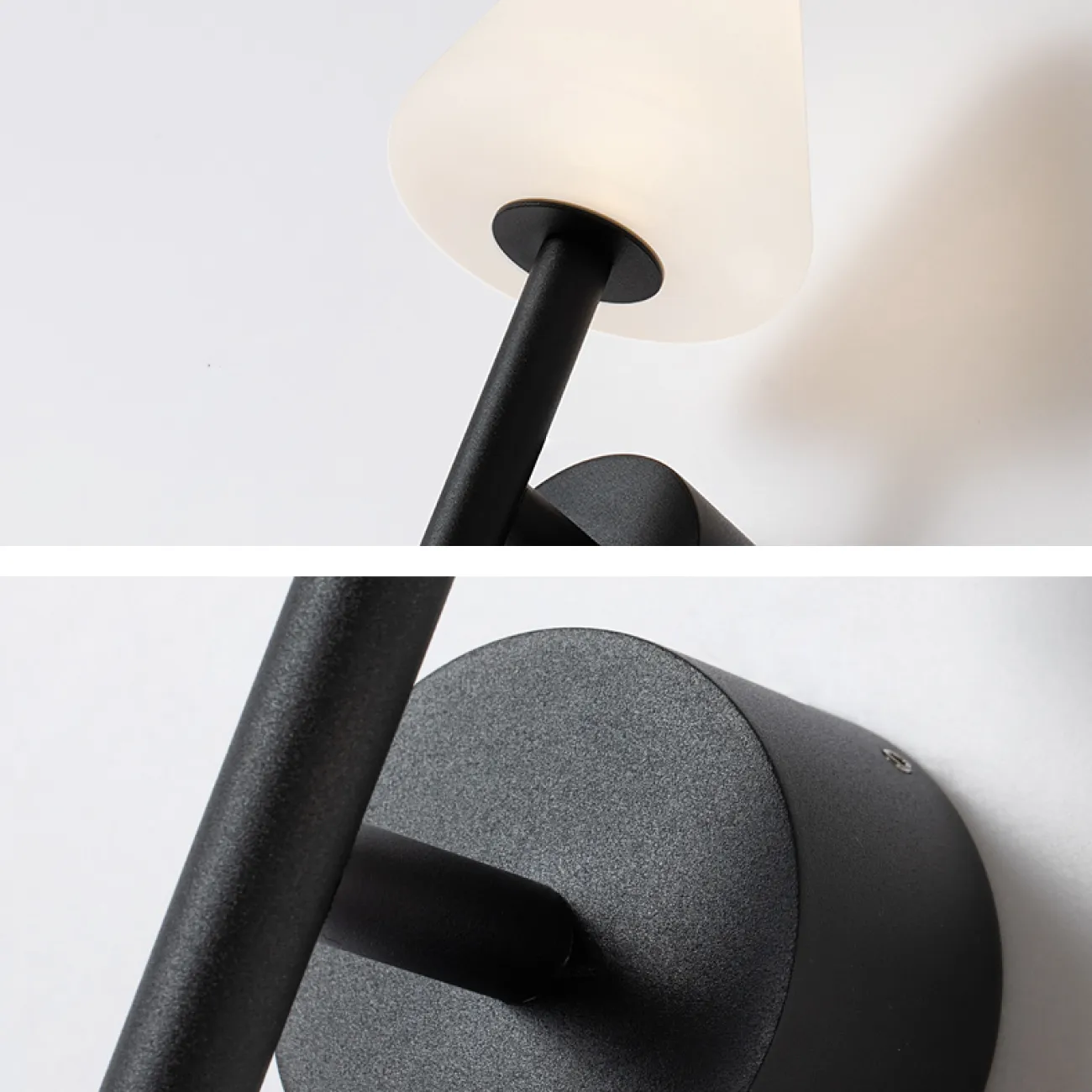 Серия настенных светодиодных светильников с белыми разнотипными плафонами конической формы на черном креплении ADORA A