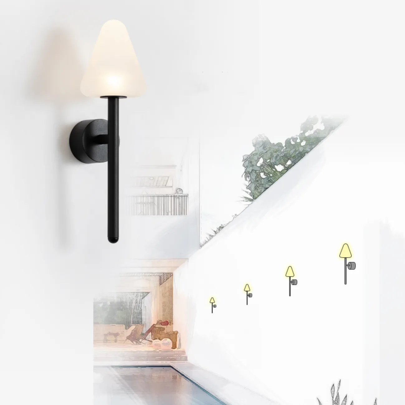 Серия настенных светодиодных светильников с белыми разнотипными плафонами конической формы на черном креплении ADORA A