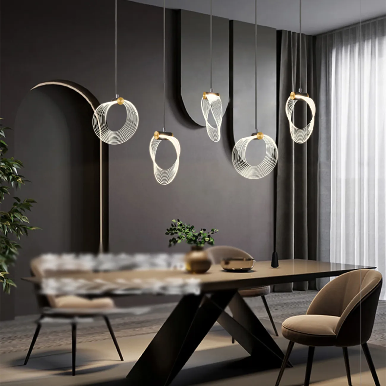 Готовая комбинация подвесных светодиодных светильников c прозрачными рассеивателями кольцевидной формы FLAVIUS L55