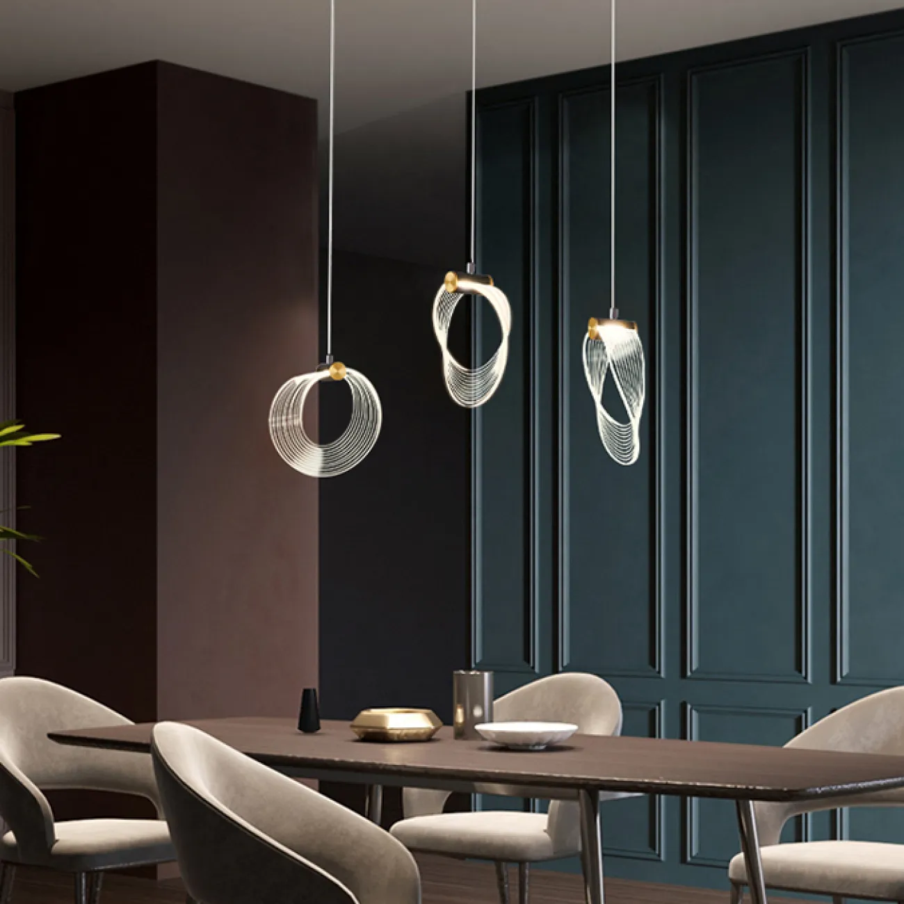 Готовая комбинация подвесных светодиодных светильников c прозрачными рассеивателями кольцевидной формы FLAVIUS L55