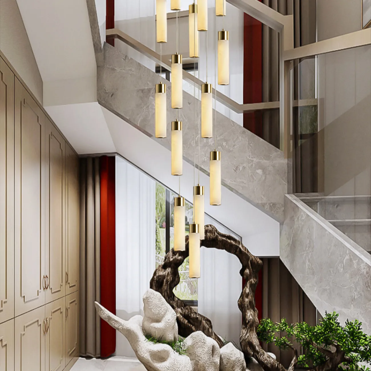 Готовая комбинация подвесных светодиодных светильников c цилиндрическими плафонами из натурального белого мрамора COMTESSE D60