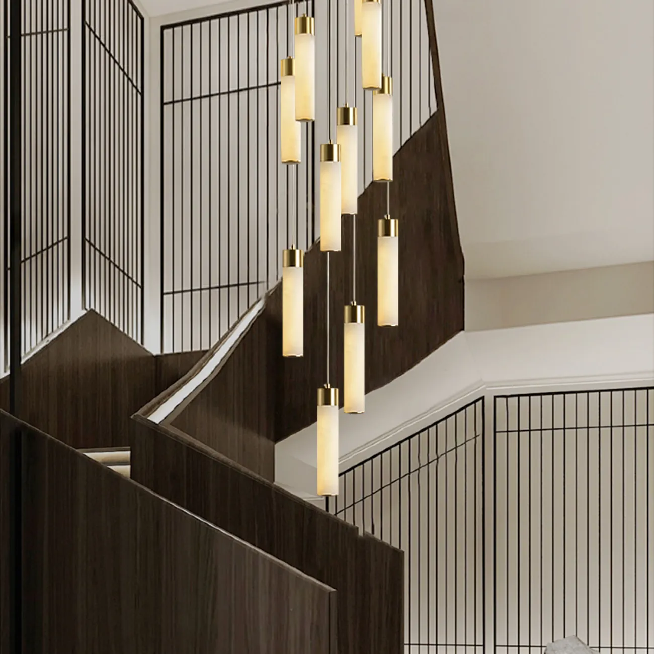 Готовая комбинация подвесных светодиодных светильников c цилиндрическими плафонами из натурального белого мрамора COMTESSE D60