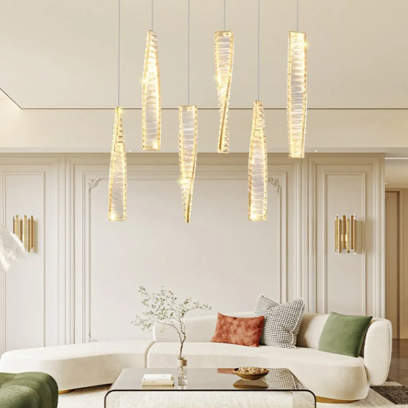 Готовая комбинация подвесных светодиодных светильников со спиралевидными плафонами из многогранных хрустальных пластин BERTOLDA X COMBO L80