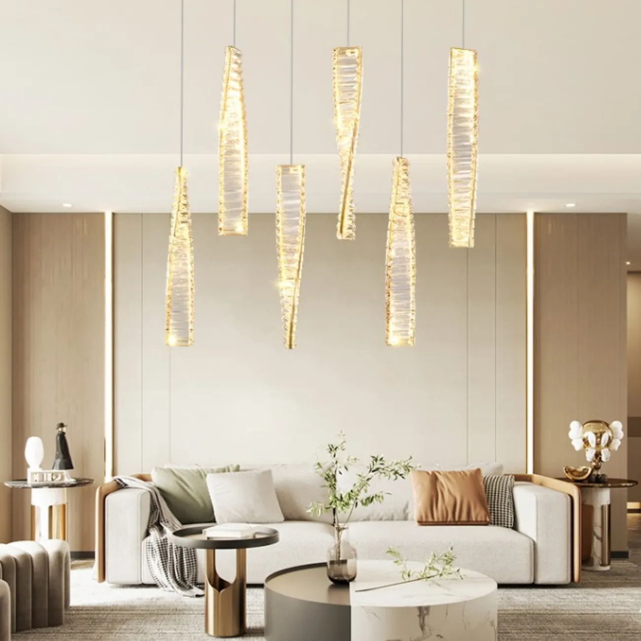 Готовая комбинация подвесных светодиодных светильников со спиралевидными плафонами из многогранных хрустальных пластин BERTOLDA X COMBO L80