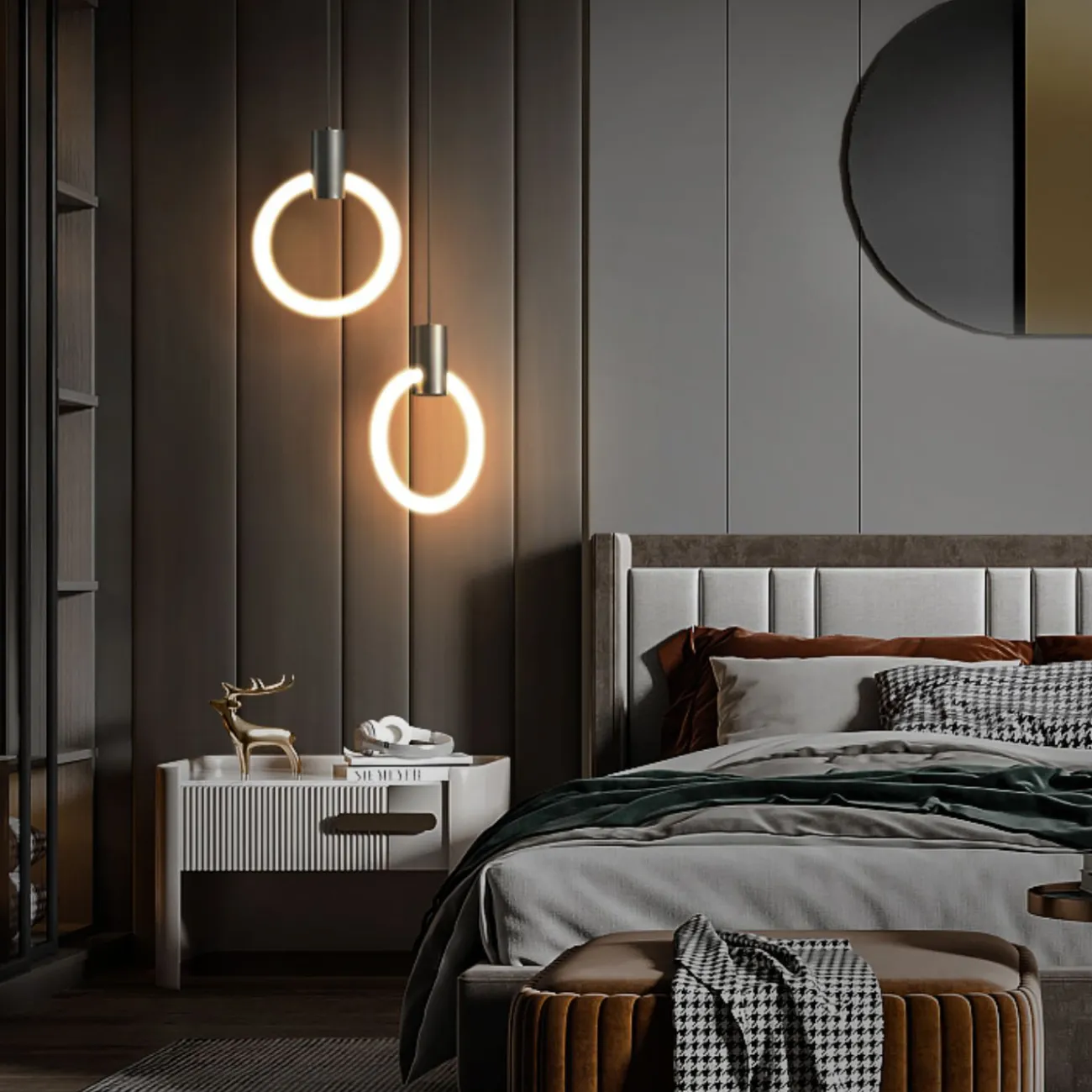 Готовая комбинация подвесных светодиодных светильников c двумя светящимися кольцами в латунном корпусе DAMON DUO Black Готовая комбинация подвесных светодиодных светильников c двумя светящимися кольцами в латунном корпусе DAMON DUO Black