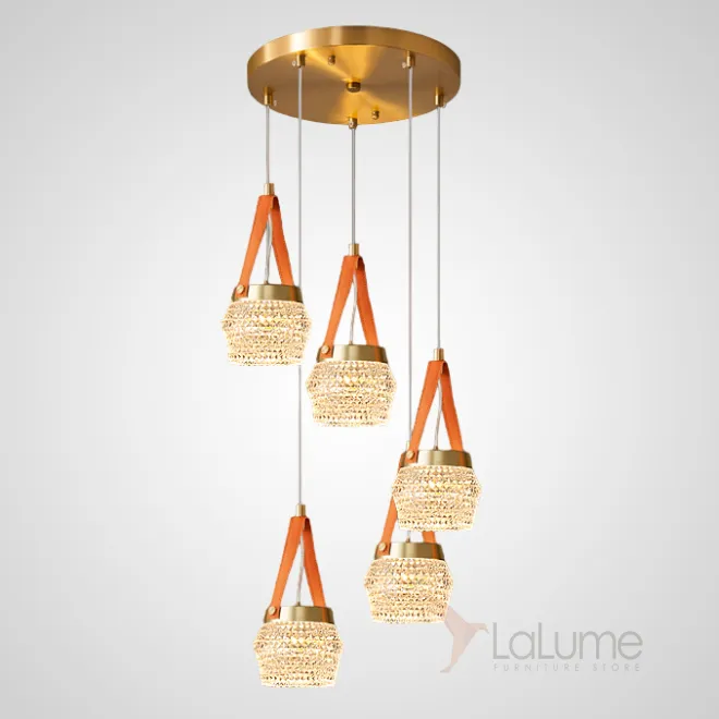 Готовая комбинация подвесных светодиодных светильников с многогранными рельефными плафонами на красных кожаных ремешках CAROL COMBO D35