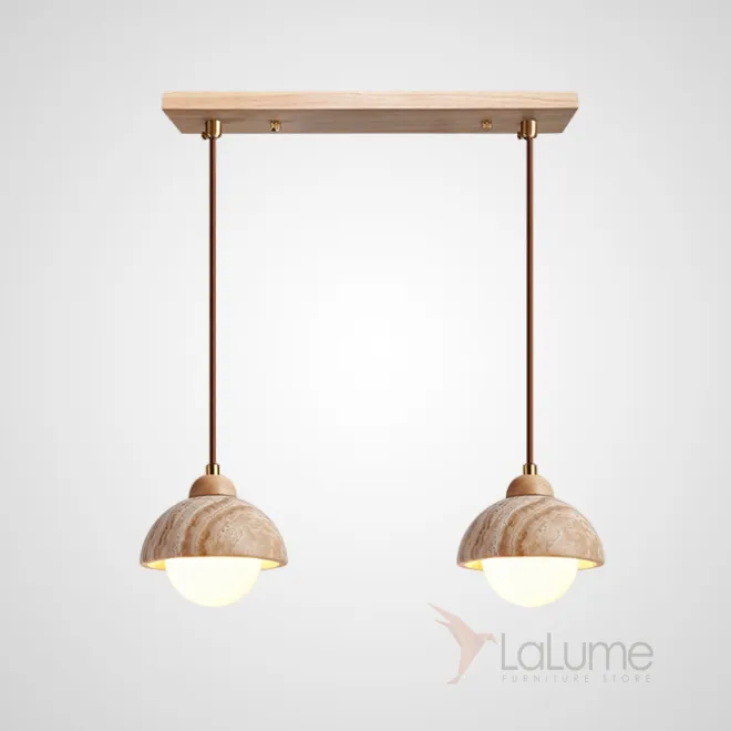 Готовая комбинация подвесных светильников с цилиндрическим и купольным абажуром из камня травертина с деревянным цокалем JAMTE COMBO C L2 Планка