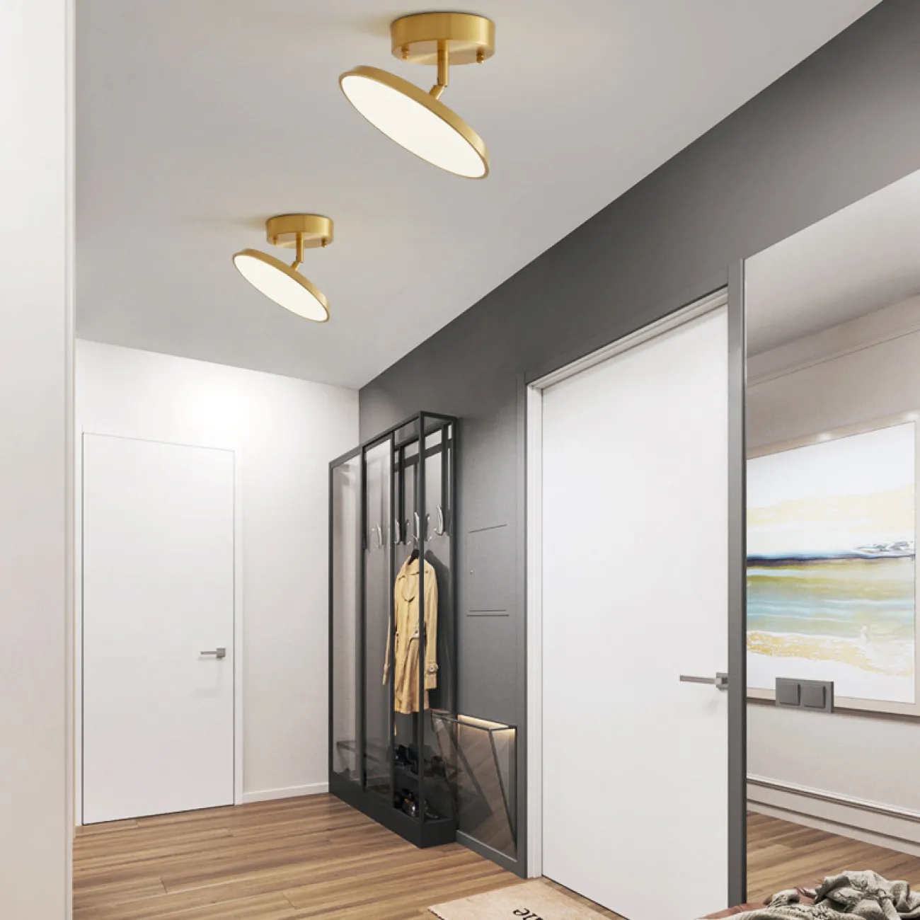 Серия потолочных светодиодных светильников с дисковидным корпусом на шарнирной стойке из латуни BIRK D30 Black