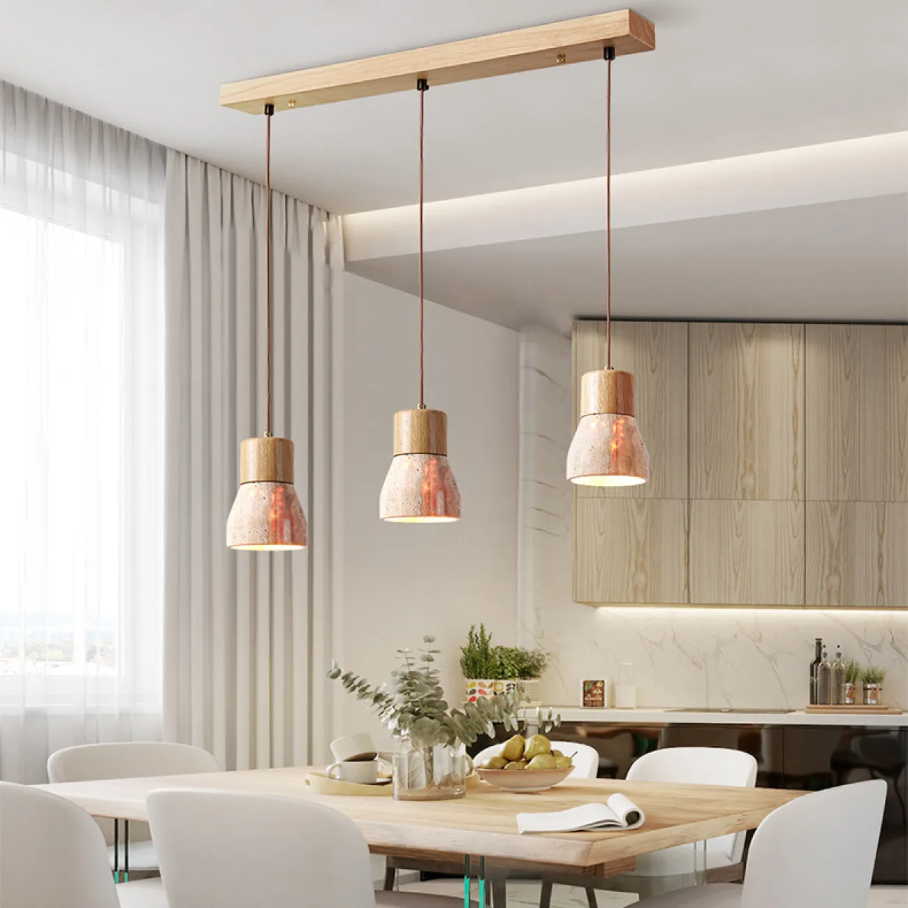 Готовая комбинация подвесных светильников с геометрическими плафонами из камня травертина с деревянной отделкой MELIUS TRIO A Dark brown Диск