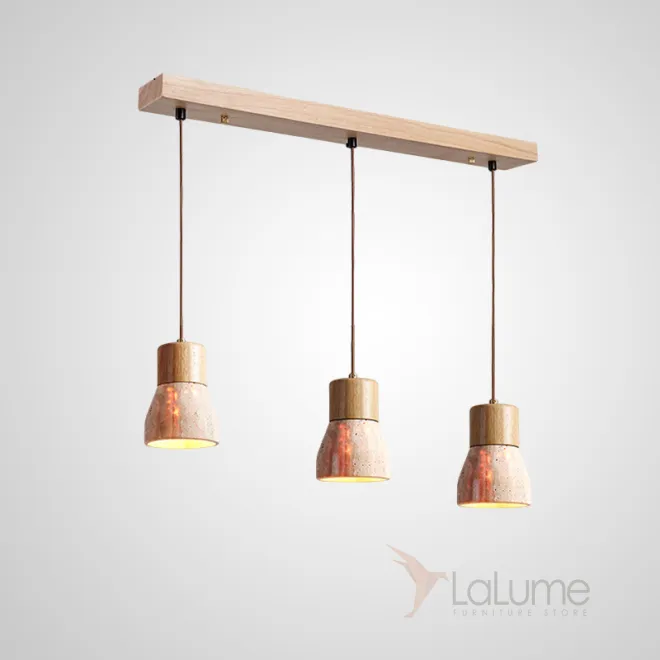 Готовая комбинация подвесных светильников с геометрическими плафонами из камня травертина с деревянной отделкой MELIUS TRIO A Light brown Планка