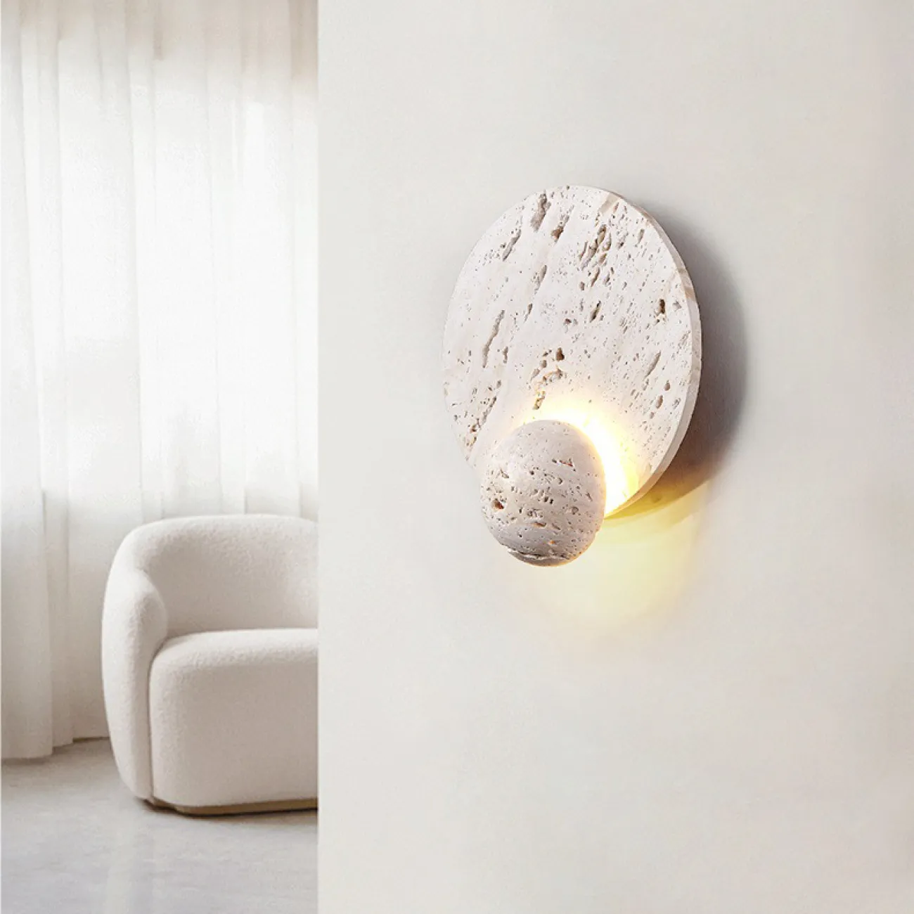 Настенный светодиодный светильник в виде комбинации двух дисков из белого камня травертин PHANUEL Настенный светодиодный светильник в виде комбинации двух дисков из белого камня травертин PHANUEL