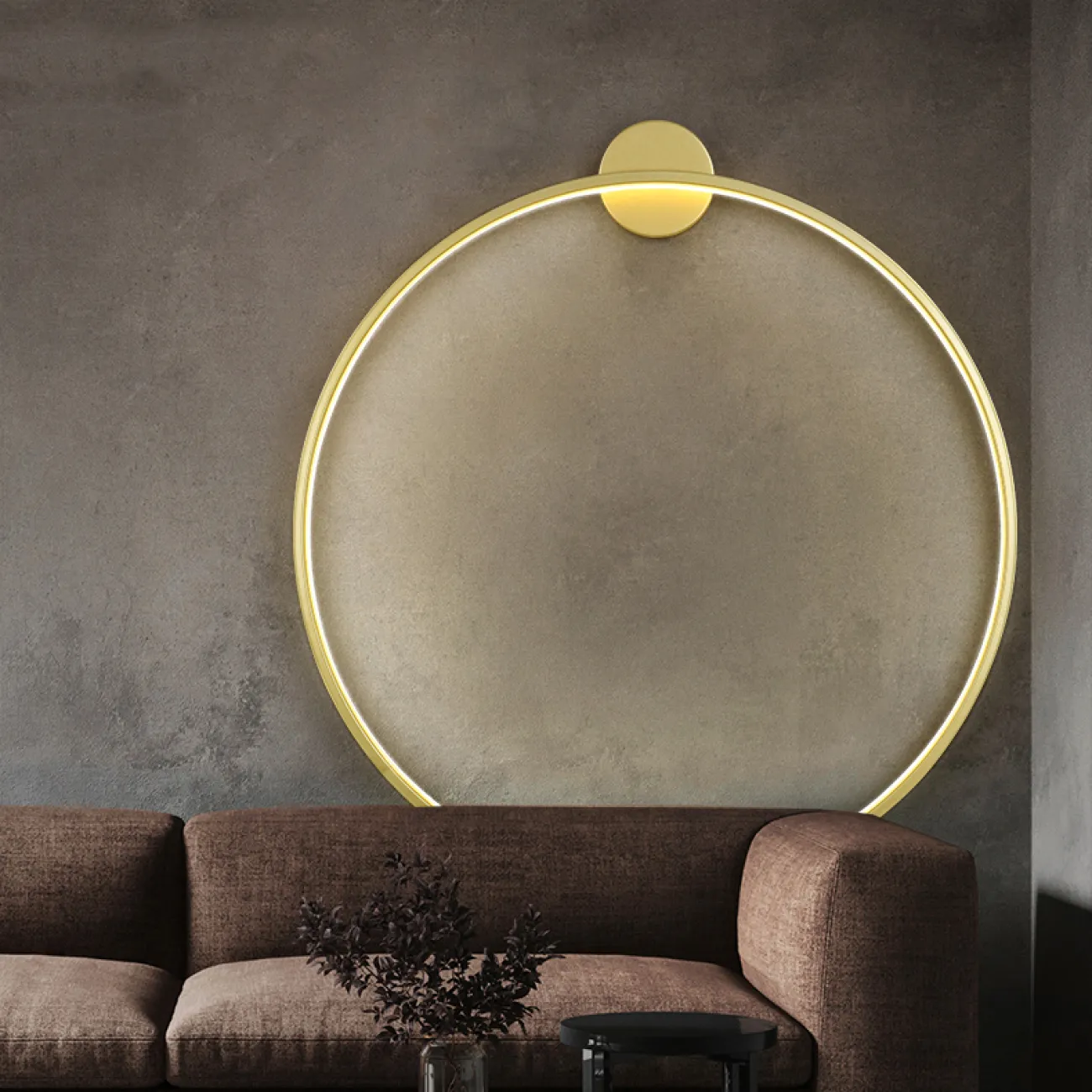 Серия настенных светильников в виде черных металлический колец разного диаметра с LED-подсветкой по контуру корпуса с круглым креплением GUARD B D80 Brass 4000К