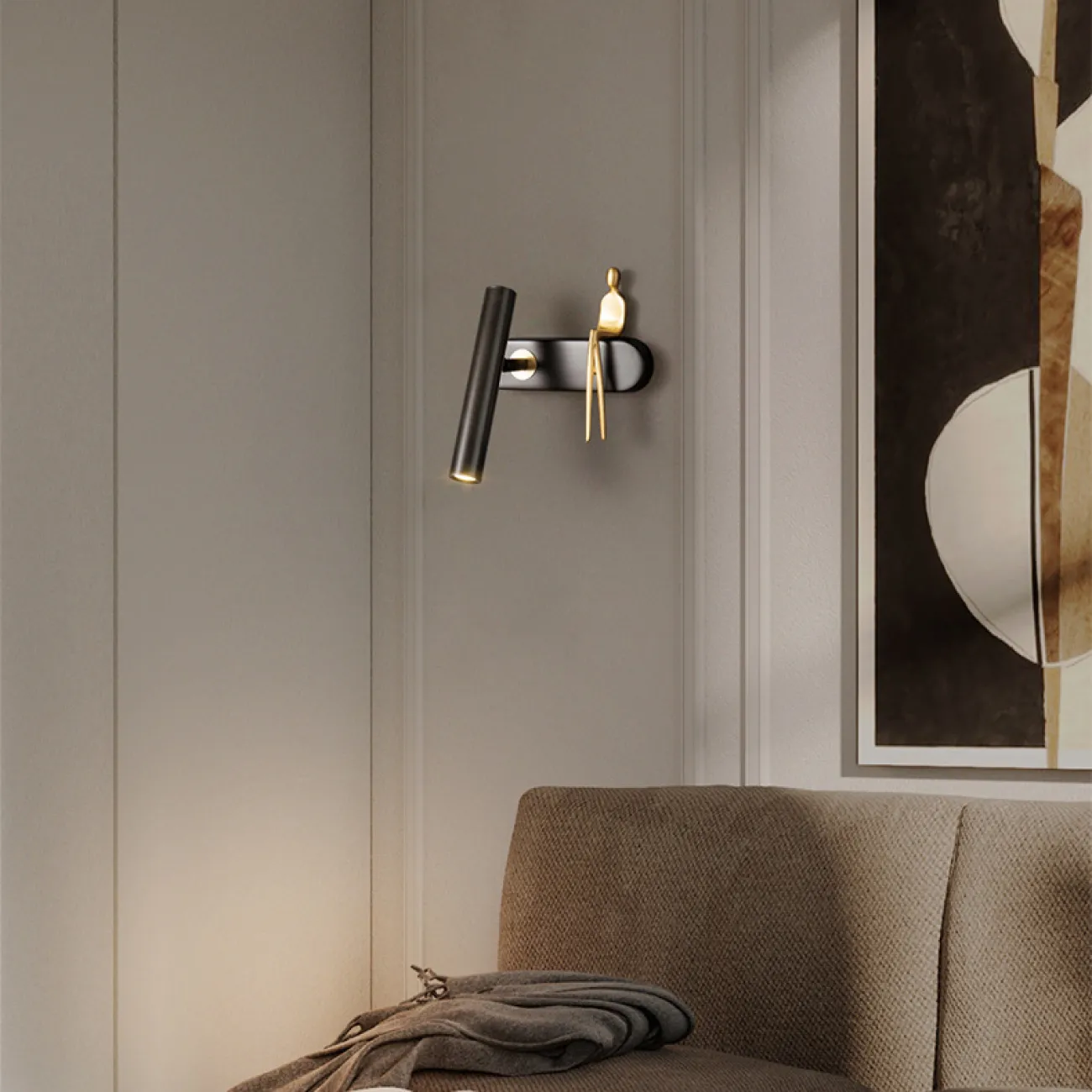 Серия настенных светодиодных светильников с поворотным цилиндрическим спотом и человеческой фигуркой REMUS Right Brass