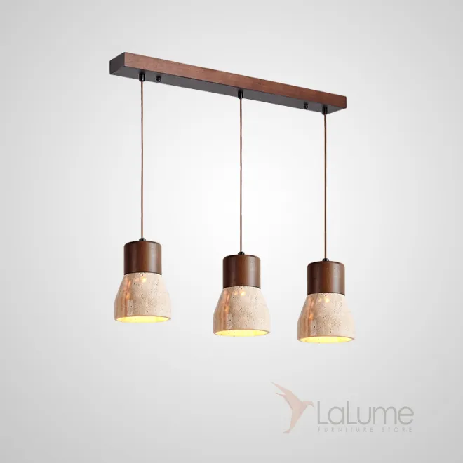 Готовая комбинация подвесных светильников с геометрическими плафонами из камня травертина с деревянной отделкой MELIUS TRIO A Dark brown Планка