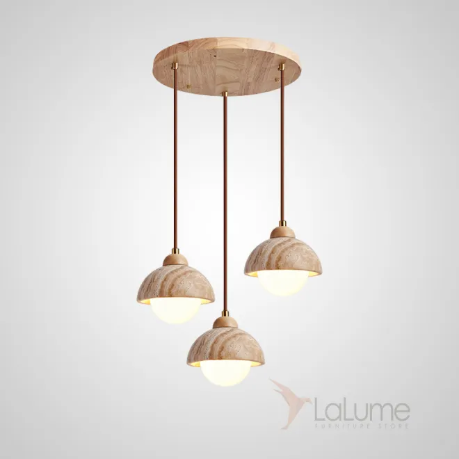 Готовая комбинация подвесных светильников с цилиндрическим и купольным абажуром из камня травертина с деревянным цокалем JAMTE COMBO B L3 Диск