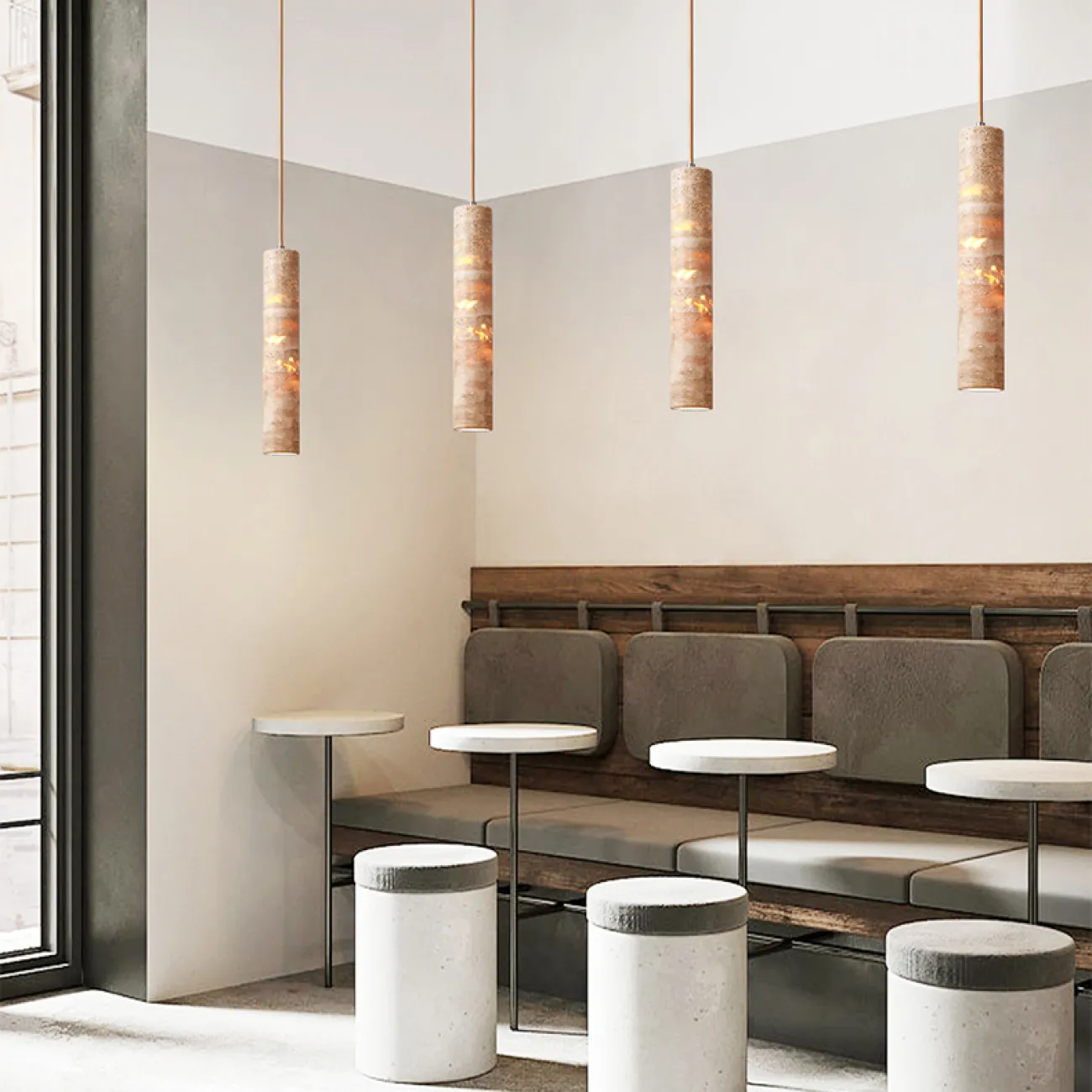 Готовая комбинация подвесных светильников c цилиндрическим корпусом из желтого камня травертина EGBERT COMBO A L2 Планка