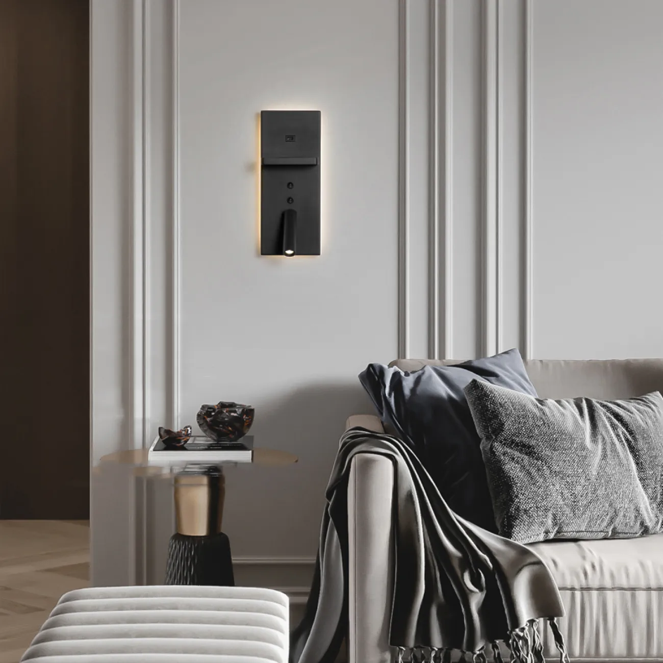 Настенный светодиодный светильник с цилиндрическим плафоном на прямоугольном основании с контурной подсветкой GENIUS B Black