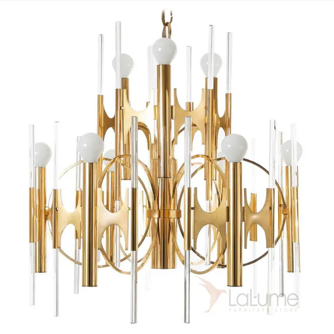 Люстра HUGE ITALIAN BRASS AND GLASS CHANDELIER BY GAETANO SCIOLARI 1970s от LaLume