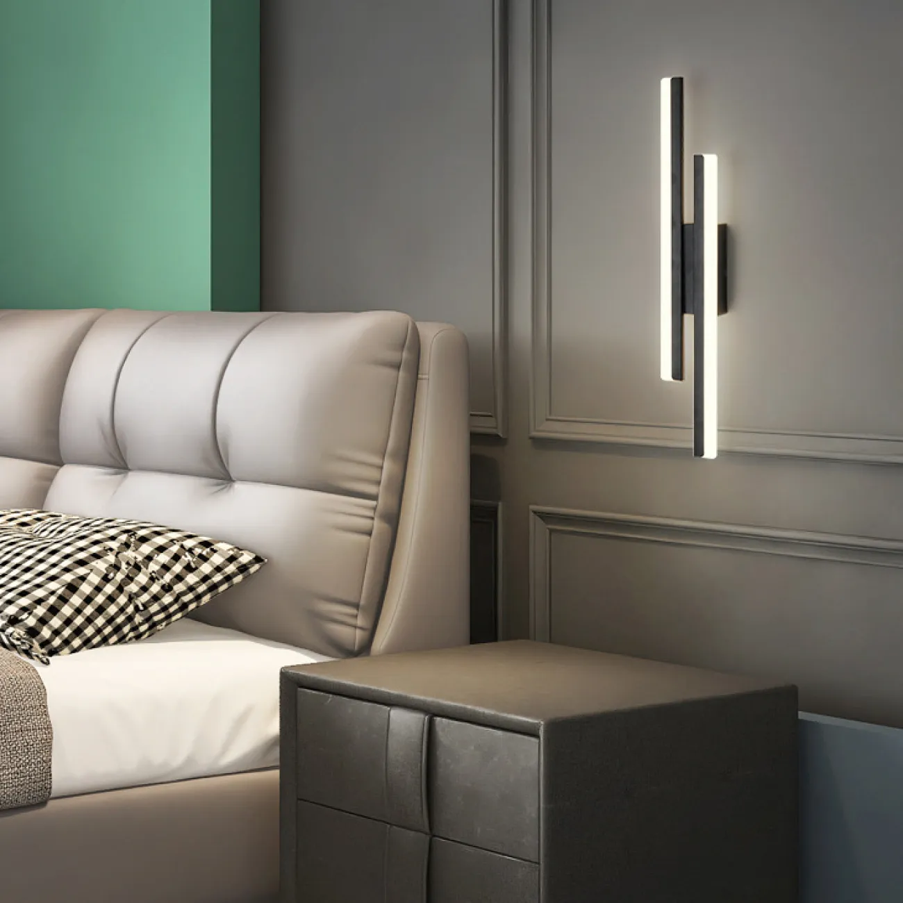 Настенный светодиодный светильник с двумя разноуровневыми прямоугольными плафонами на черном разделительном креплении FEBE Трехцветный свет от ImperiumLoft