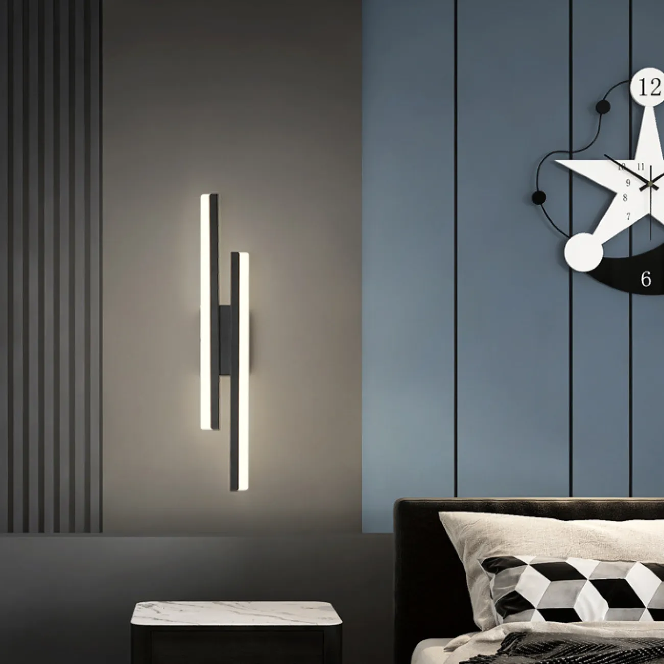 Настенный светодиодный светильник с двумя разноуровневыми прямоугольными плафонами на черном разделительном креплении FEBE Трехцветный свет от ImperiumLoft