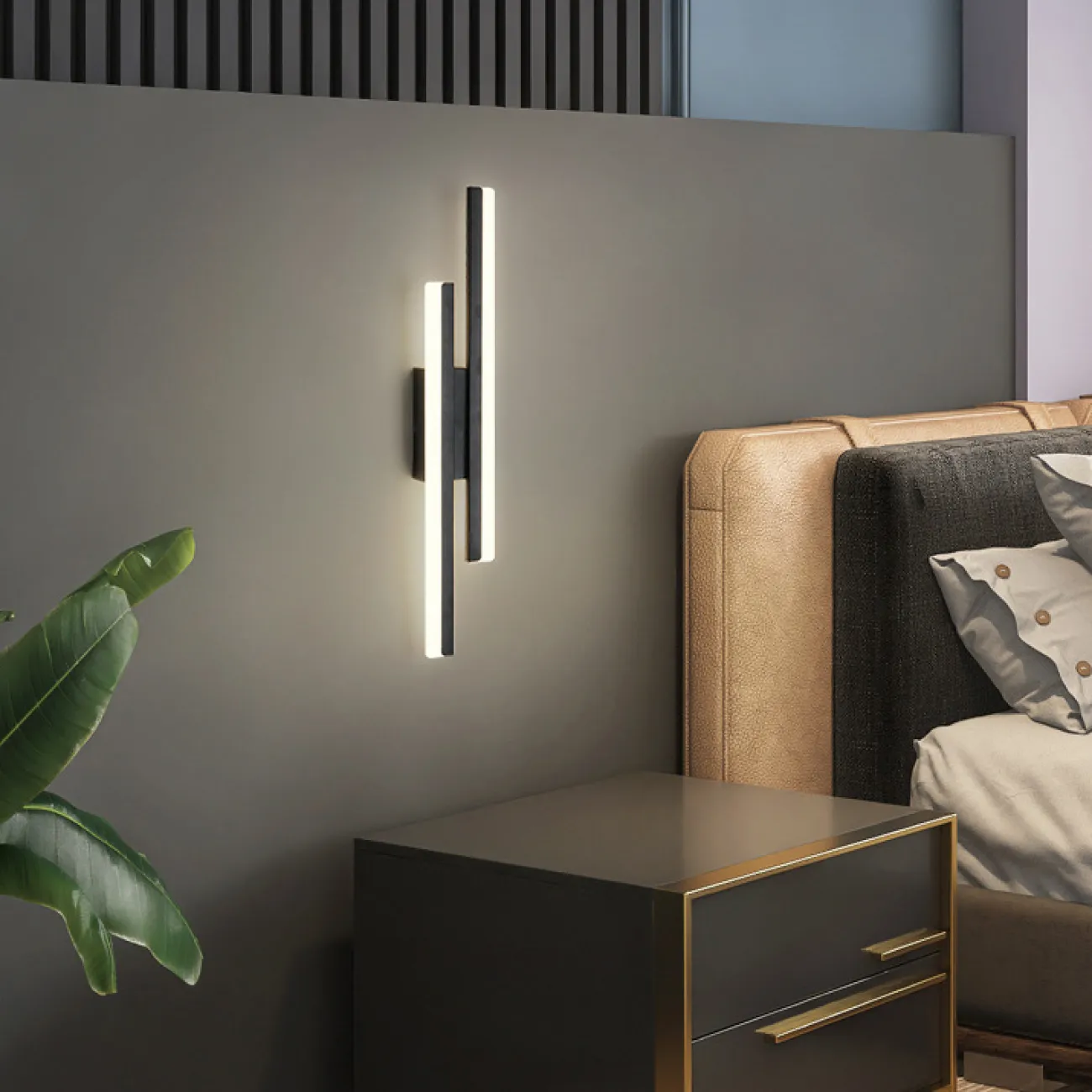 Настенный светодиодный светильник с двумя разноуровневыми прямоугольными плафонами на черном разделительном креплении FEBE Трехцветный свет от ImperiumLoft