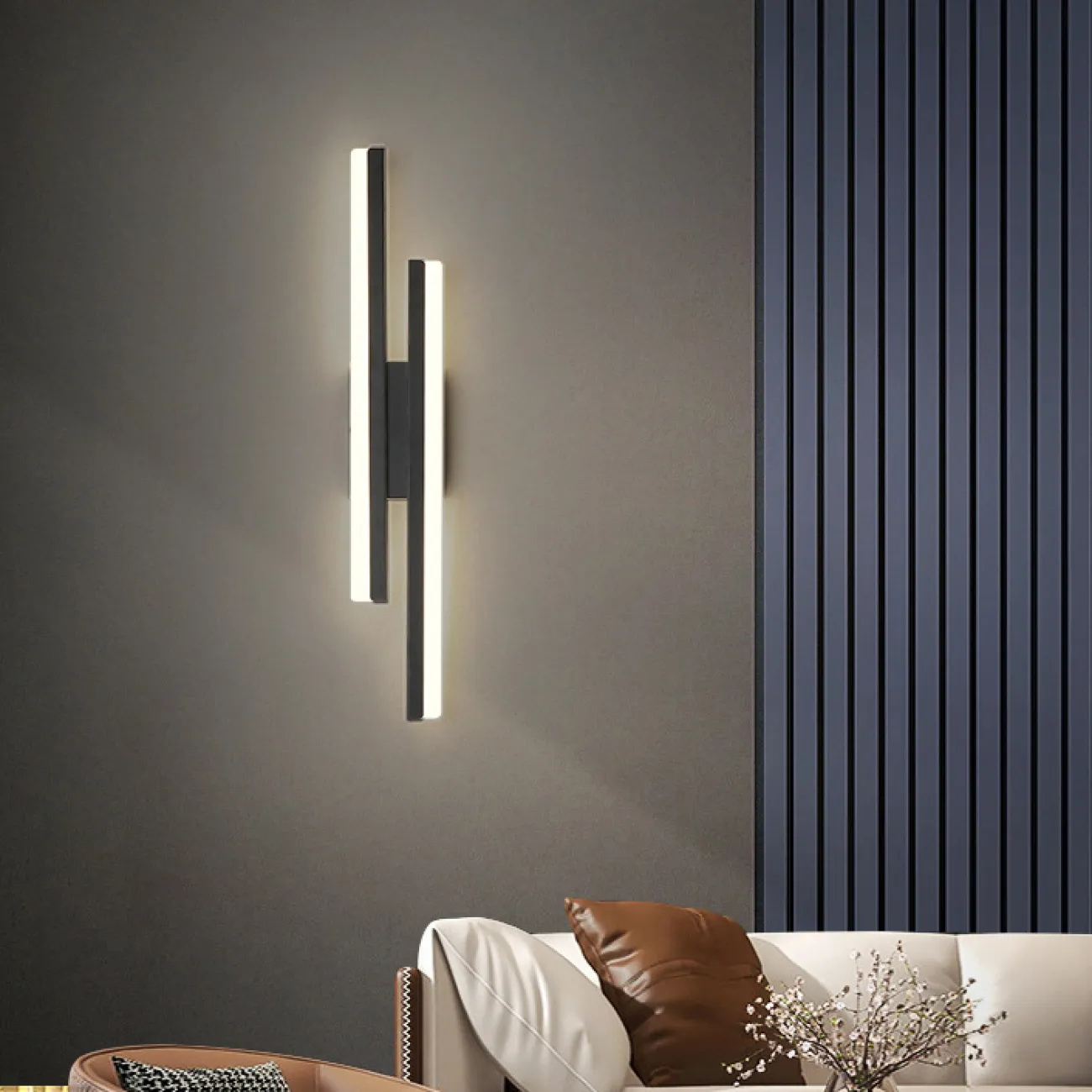 Настенный светодиодный светильник с двумя разноуровневыми прямоугольными плафонами на черном разделительном креплении FEBE Трехцветный свет от ImperiumLoft