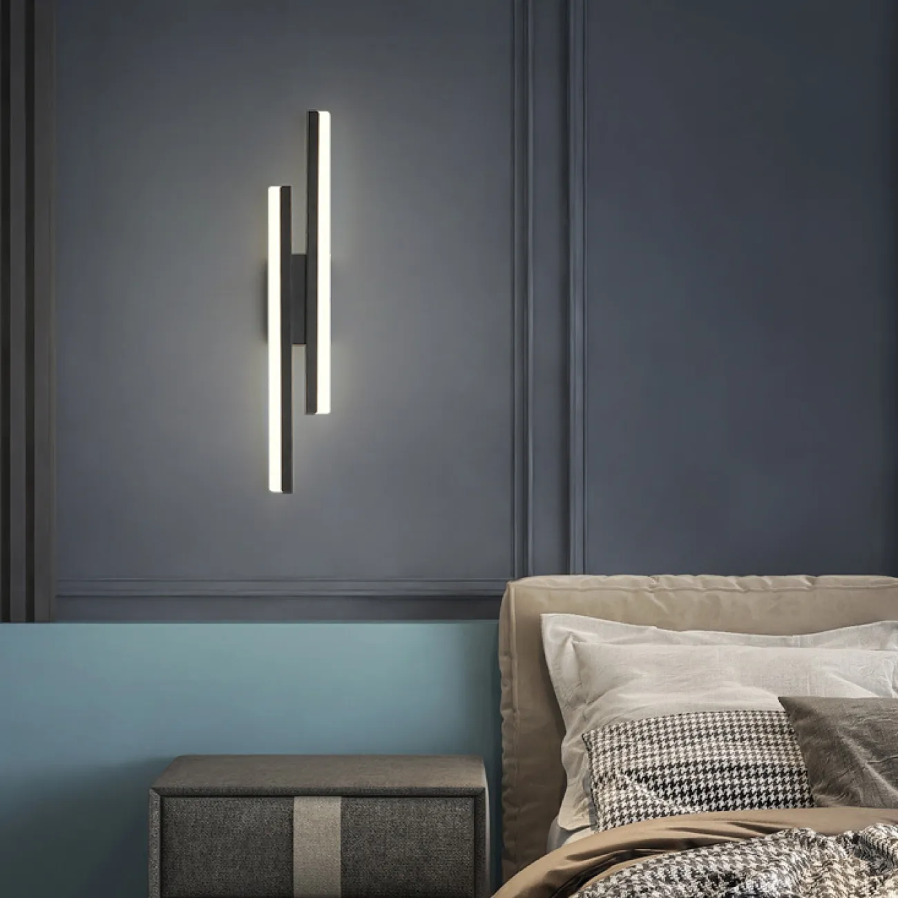 Настенный светодиодный светильник с двумя разноуровневыми прямоугольными плафонами на черном разделительном креплении FEBE Трехцветный свет от ImperiumLoft