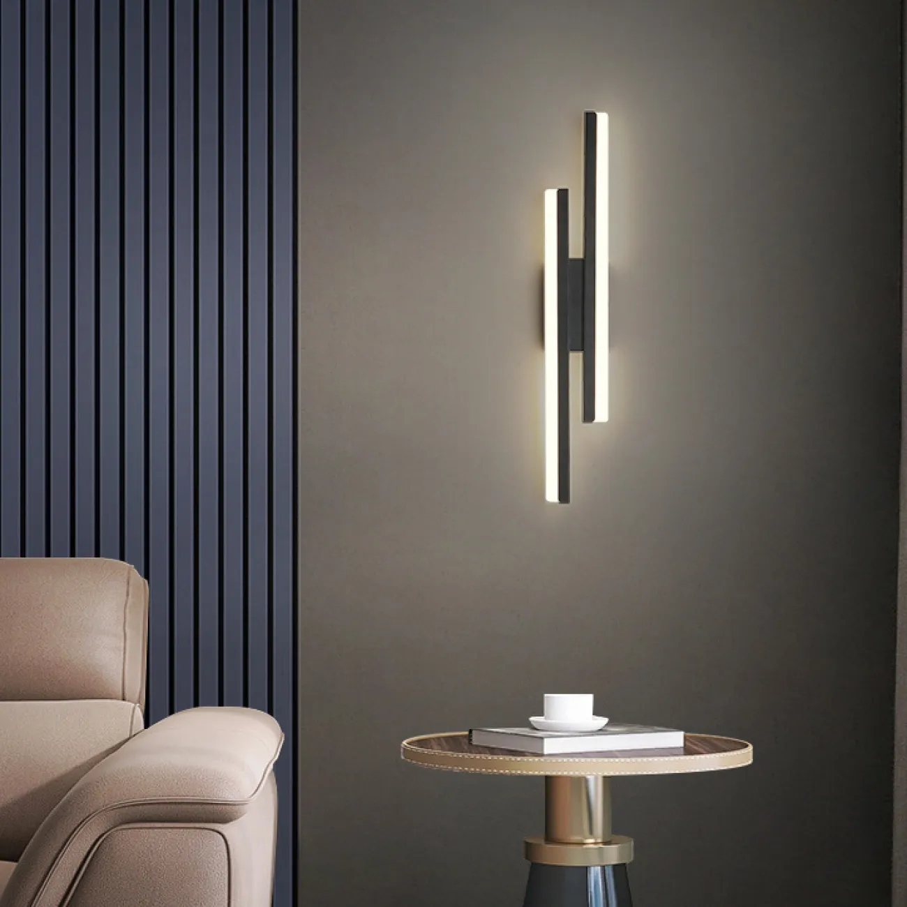 Настенный светодиодный светильник с двумя разноуровневыми прямоугольными плафонами на черном разделительном креплении FEBE Трехцветный свет от ImperiumLoft