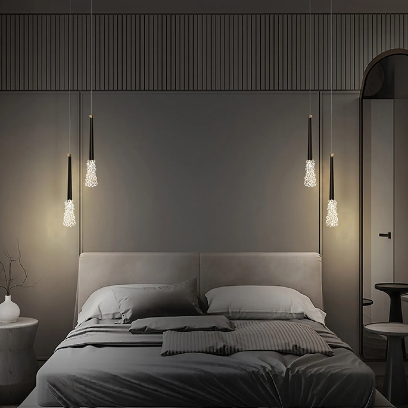 Готовая комбинация подвесных светильников с двумя каплевидными плафонами с эффектом льда в вытянутых конических держателях FIAL C LUX DUO Brass