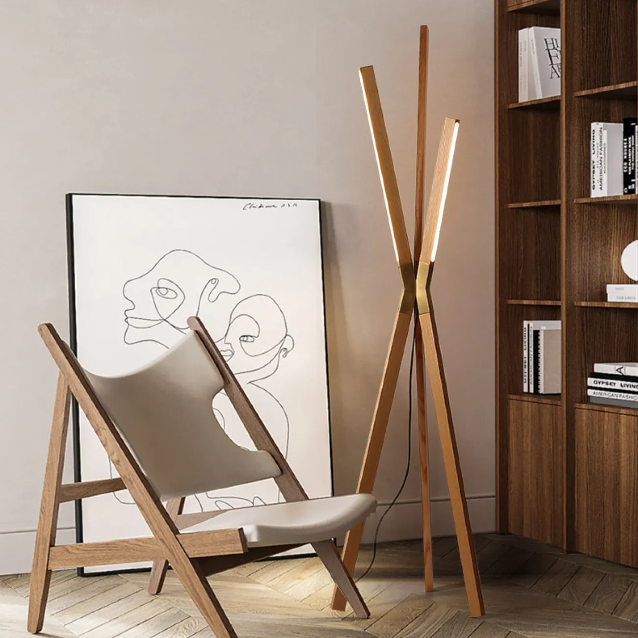 Серия напольных светильников в виде деревянной треноги с прямоугольными LED-панелями CONNER B Dark brown