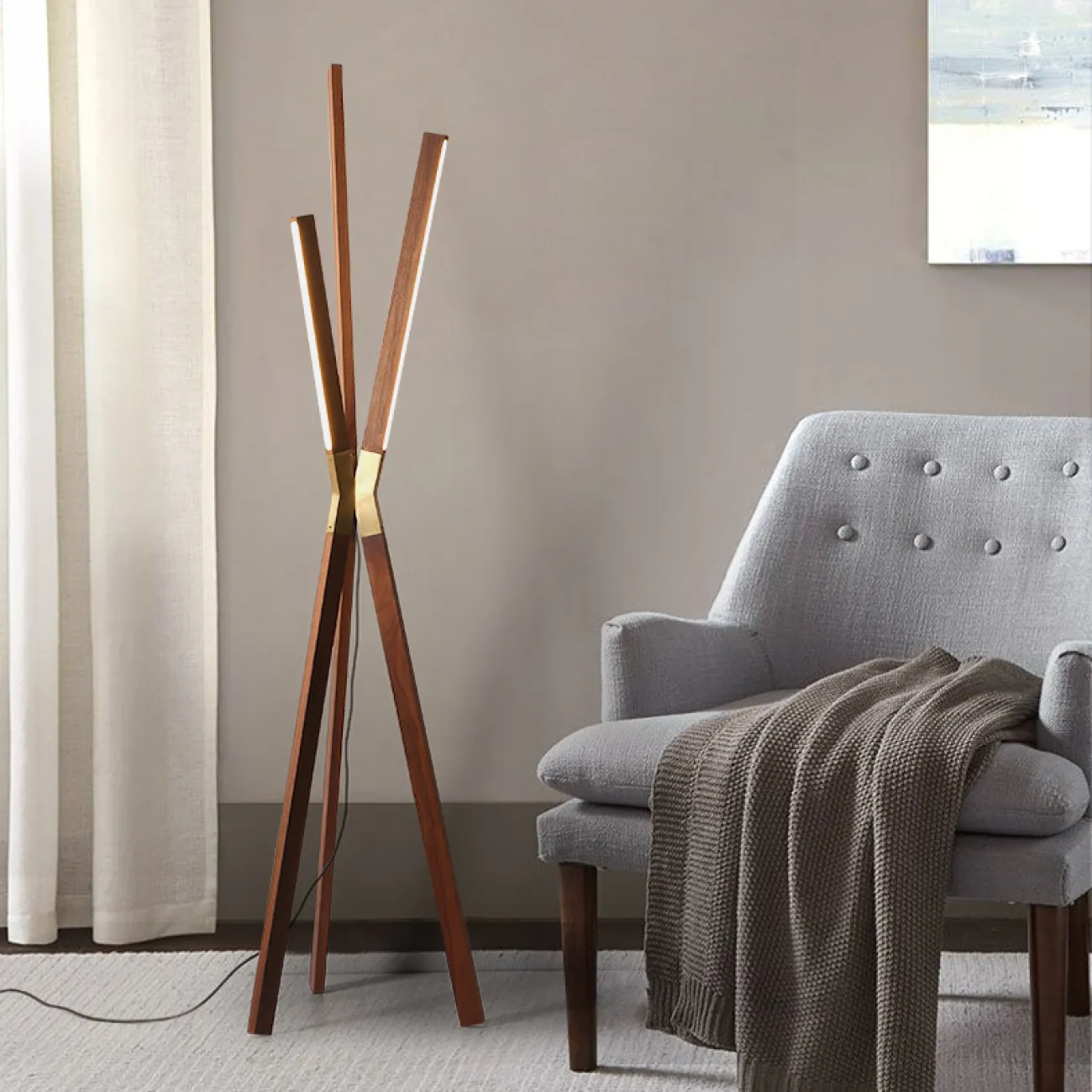 Серия напольных светильников в виде деревянной треноги с прямоугольными LED-панелями CONNER B Dark brown