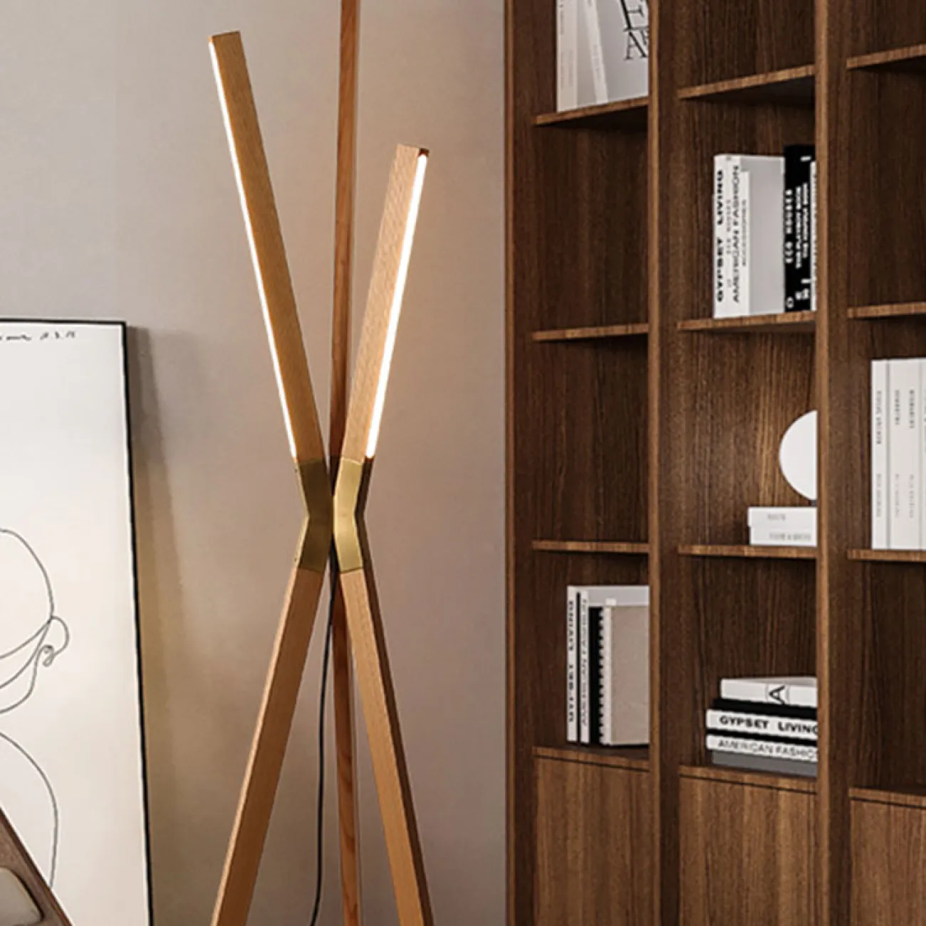 Серия напольных светильников в виде деревянной треноги с прямоугольными LED-панелями CONNER B Dark brown