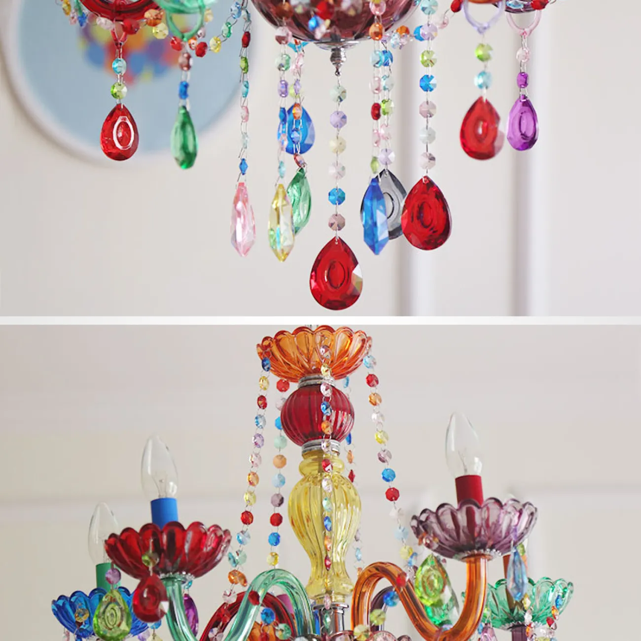 Подвесная люстра в современном стиле с разноцветными плафонами в детскую комнату