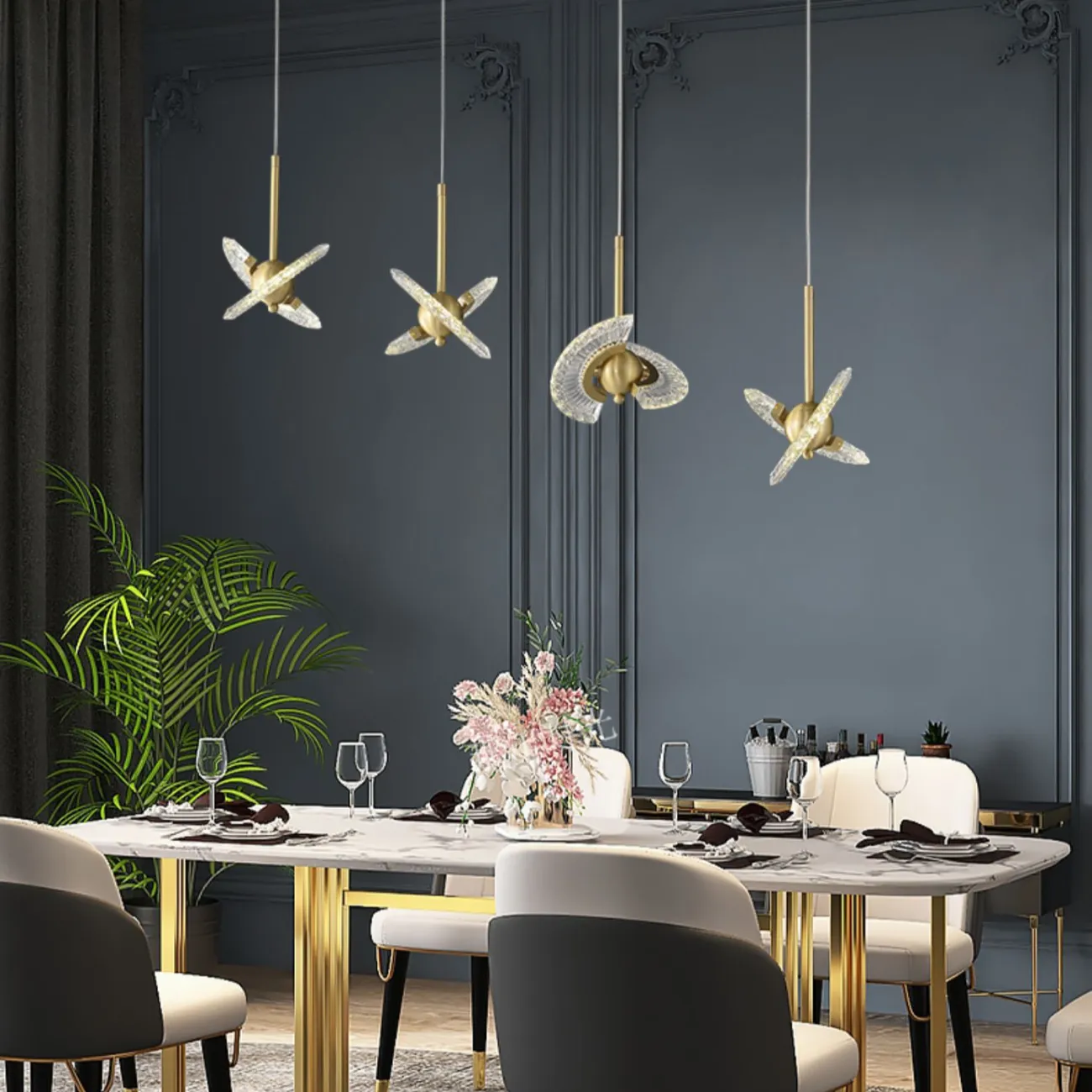 Готовая комбинация подвесных светильников с плафонами в виде комбинации двух ажурных поворотных лопастей и шаровидного центра PHOENIX LUX COMBO D30